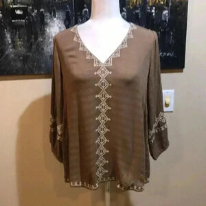 J. Jill Women’s Boho Embroidered Blouse Top Brown Cream Long Sleeves Vneck-MP